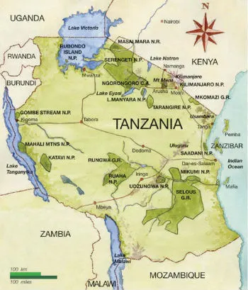 Map of Tanzania showing hunting concession blocks and safari areas