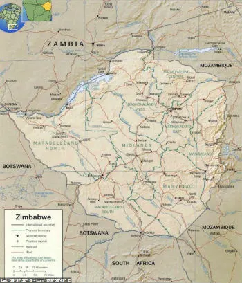 Map of Zimbabwe showing hunting concession areas including Chirisa Safari Area and Zambezi Valley